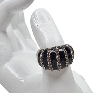 Art Deco Black Glitter Enamel & Rhinestone Chunky Galaxy Dome Ring | Sz 7.5